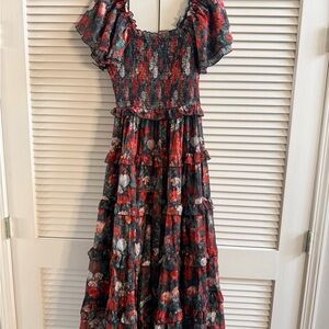 Ivy City Co Black & Red Floral Smocked Tiered Maxi Dress